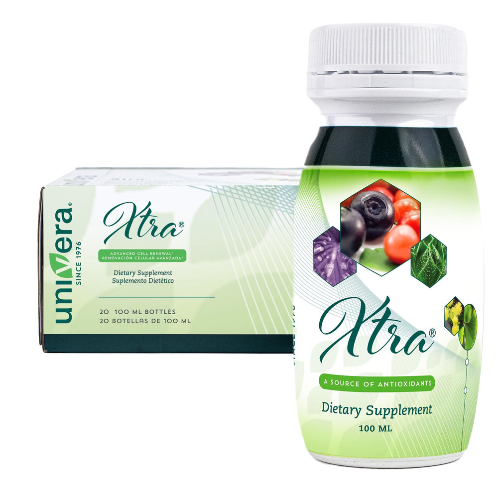 Univera Xtra Minis fruit complex bottle showing the full formula for daily focus