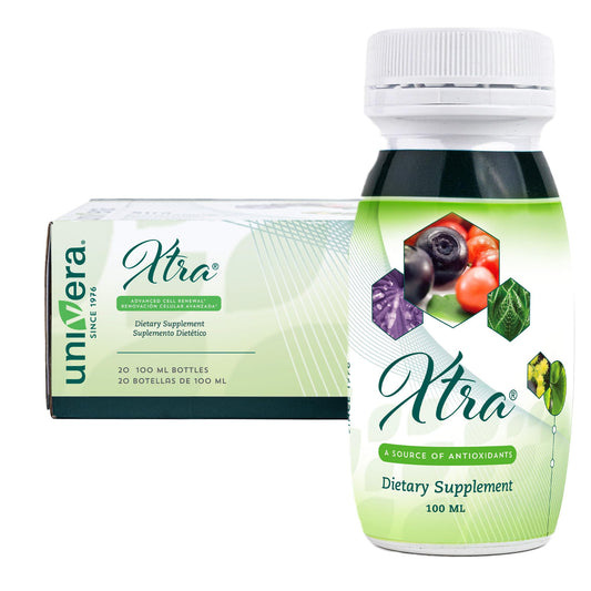 Univera Xtra Minis fruit complex bottle showing the full formula for daily focus