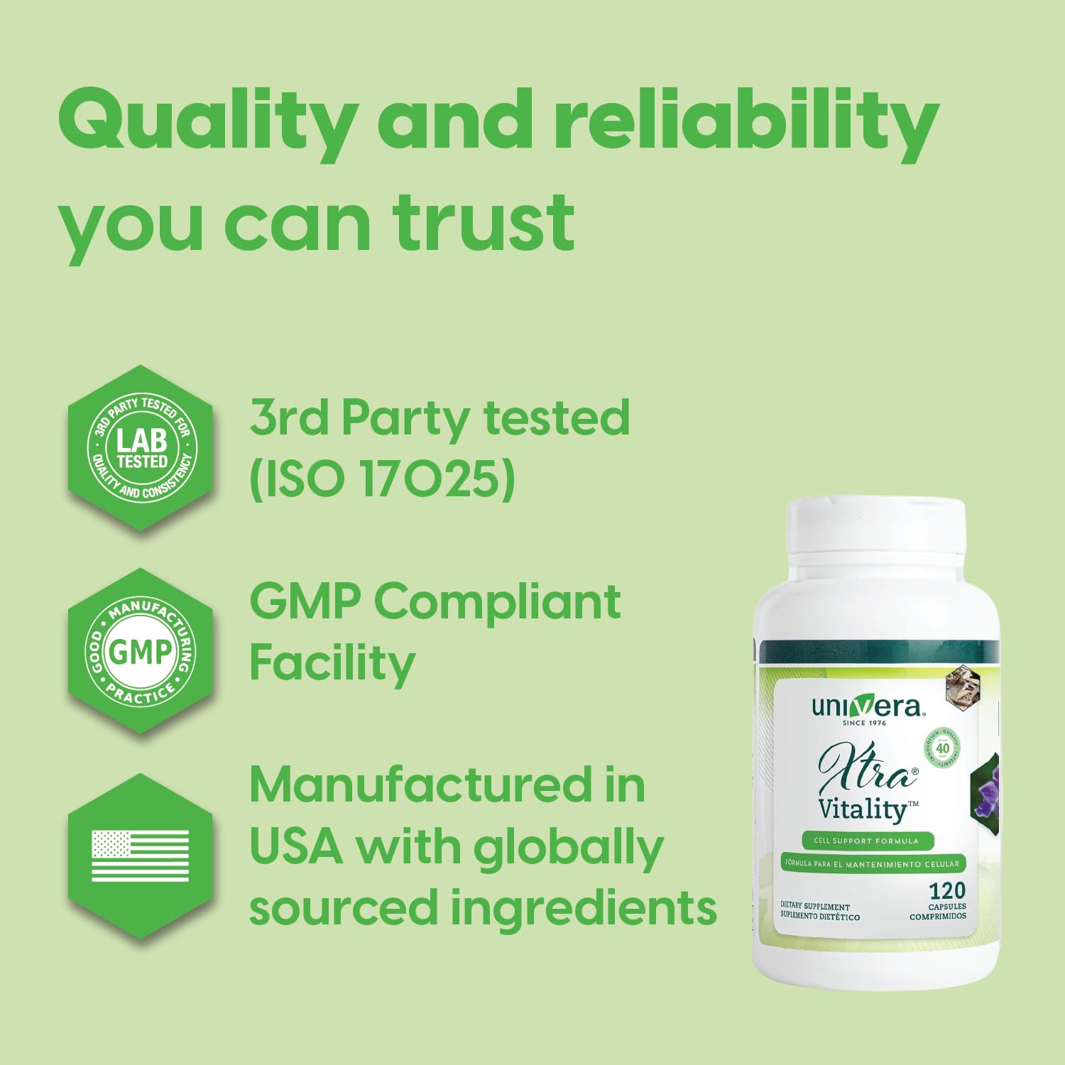 Univera Xtra Vitality label view reveals ingredient highlights.