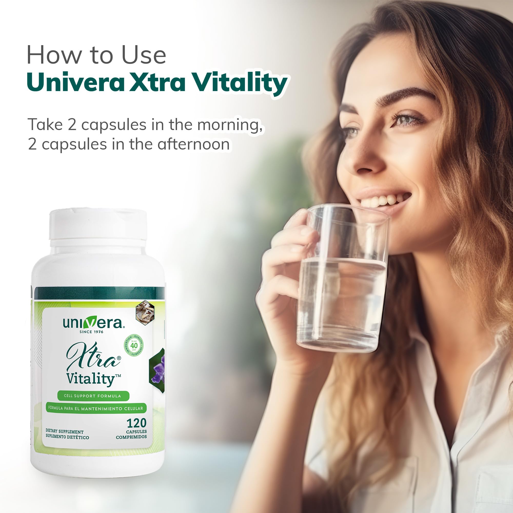 Univera Xtra Vitality packaging box illustrates portability and shelf appeal.