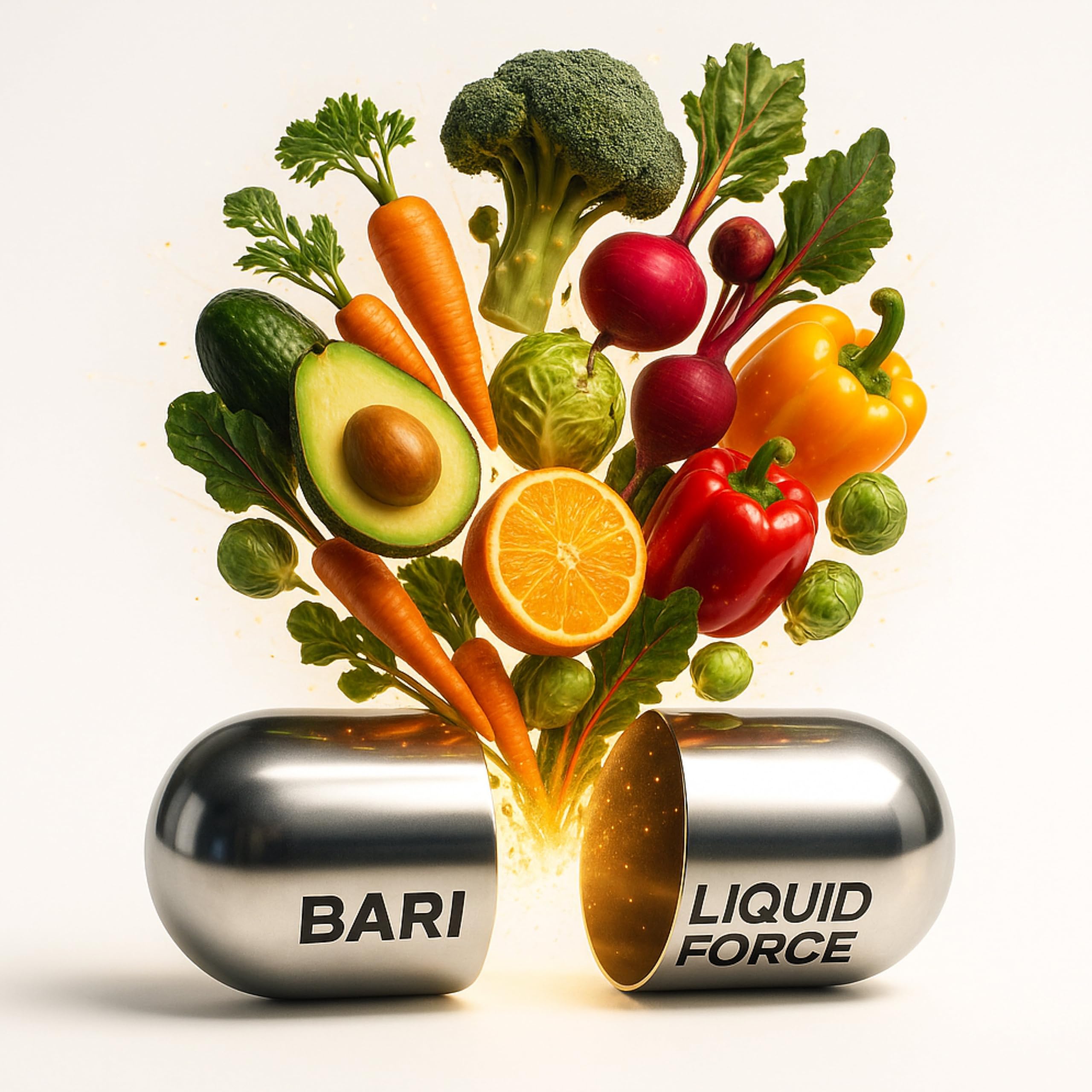Universal Body Labs Bariatric Liquid Force fruit and vegetable blend graphic on label.