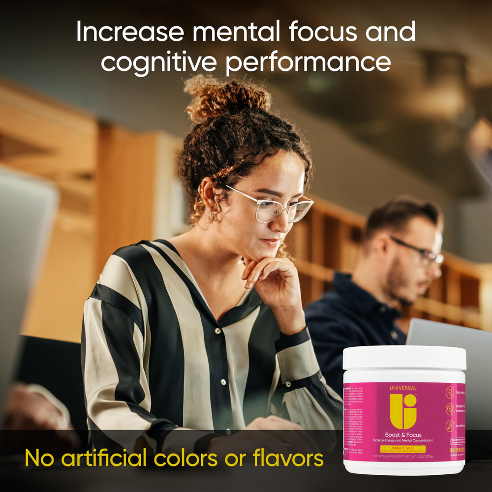 Glass of Universal U Boost & Focus Mango Twist showing a bright, refreshing beverage.