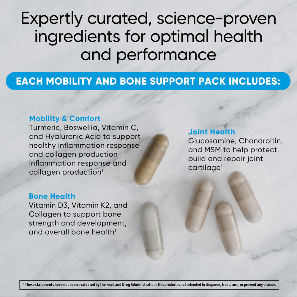 Universal U Mobility and Bone capsules close-up showing 12-in-1 formulation