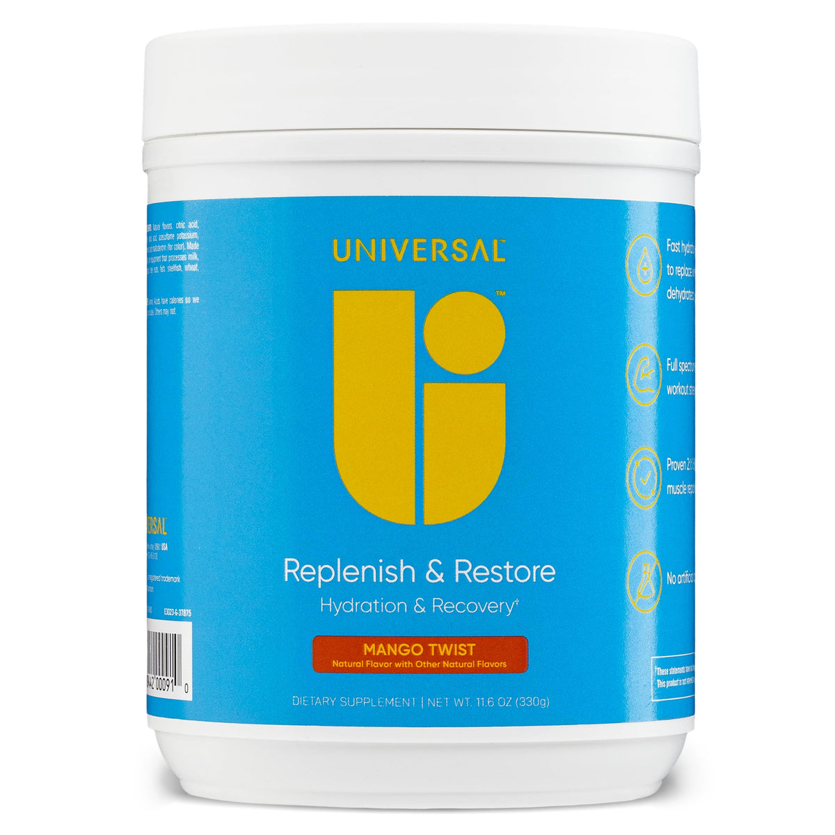 Universal U Replenish & Restore bottle pour for rapid post-workout hydration.