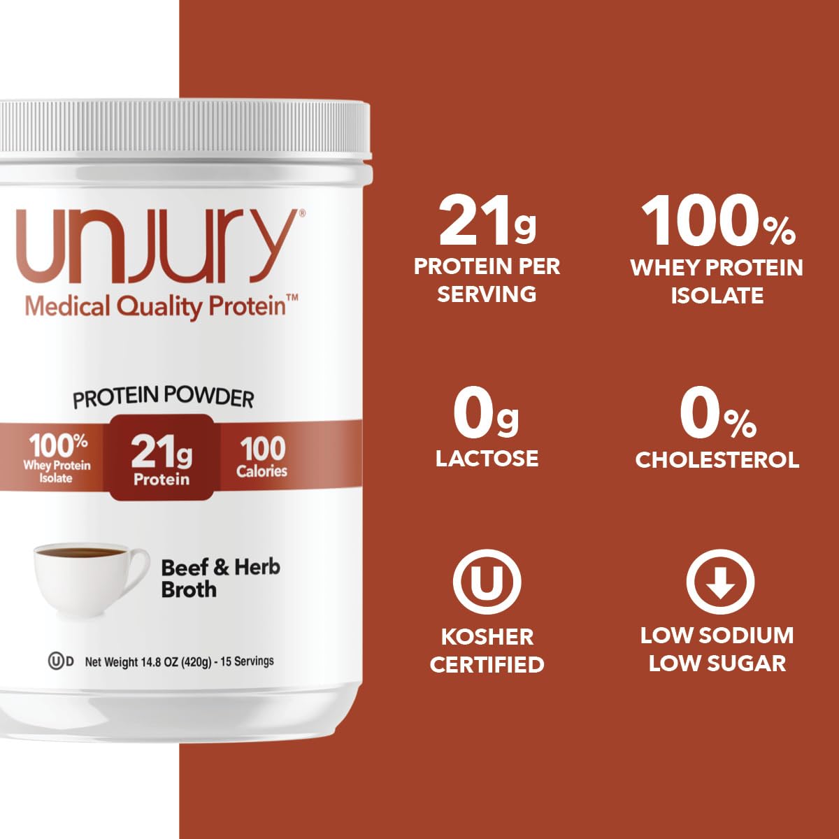 Unjury Beef and Herb ingredient list emphasizes clean, allergen-friendly formula.