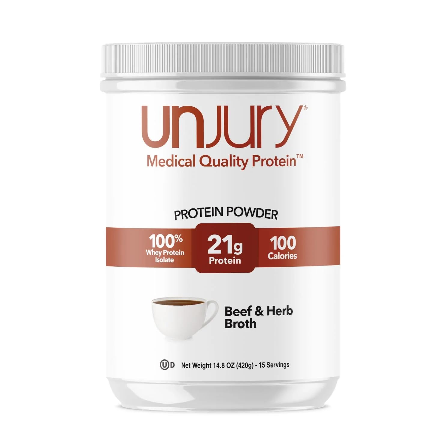 Unjury Beef and Herb protein powder tub shows 100% whey isolate for clean nutrition.