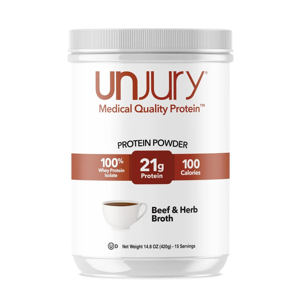Unjury Beef and Herb protein powder tub shows 100% whey isolate for clean nutrition.