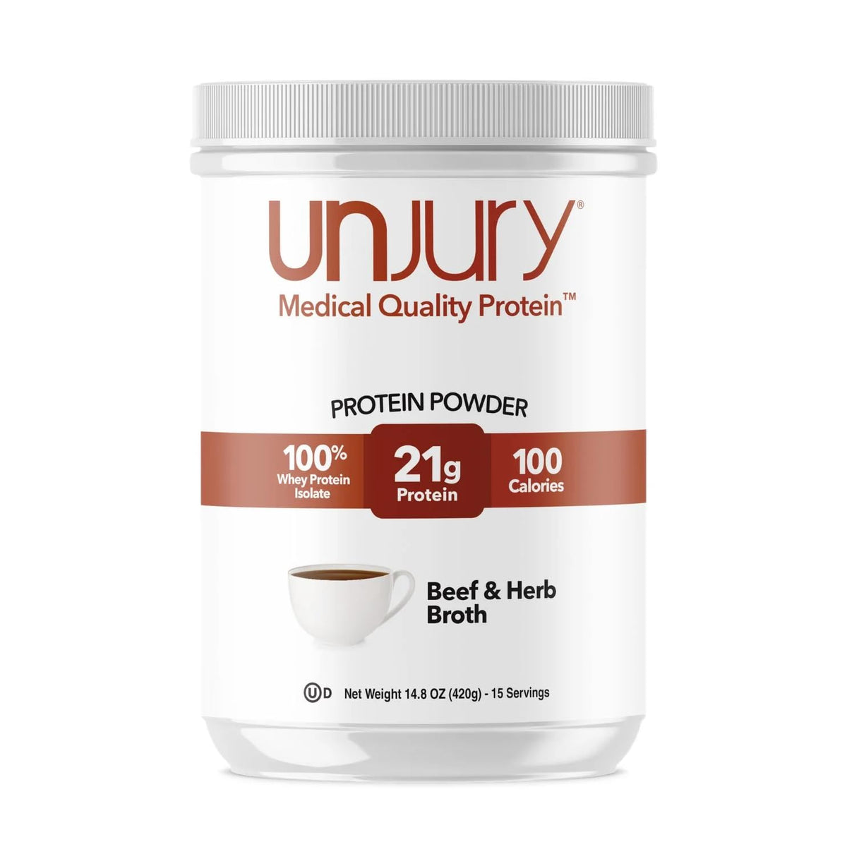 Unjury Beef and Herb protein powder tub shows 100% whey isolate for clean nutrition.