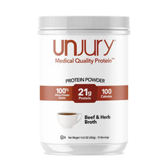 Unjury Beef and Herb protein powder tub shows 100% whey isolate for clean nutrition.