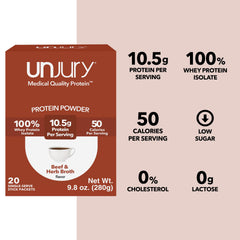 Unjury Beef & Herb label nutrition, 100% whey isolate in each serving.