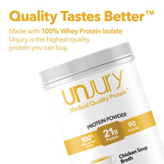 Unjury chicken soup protein powder mixing in cup for quick low-carb boost