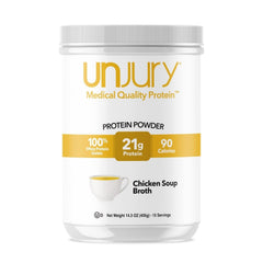 Unjury chicken soup whey protein powder tub highlighting gluten-free, kosher-certified nutrition