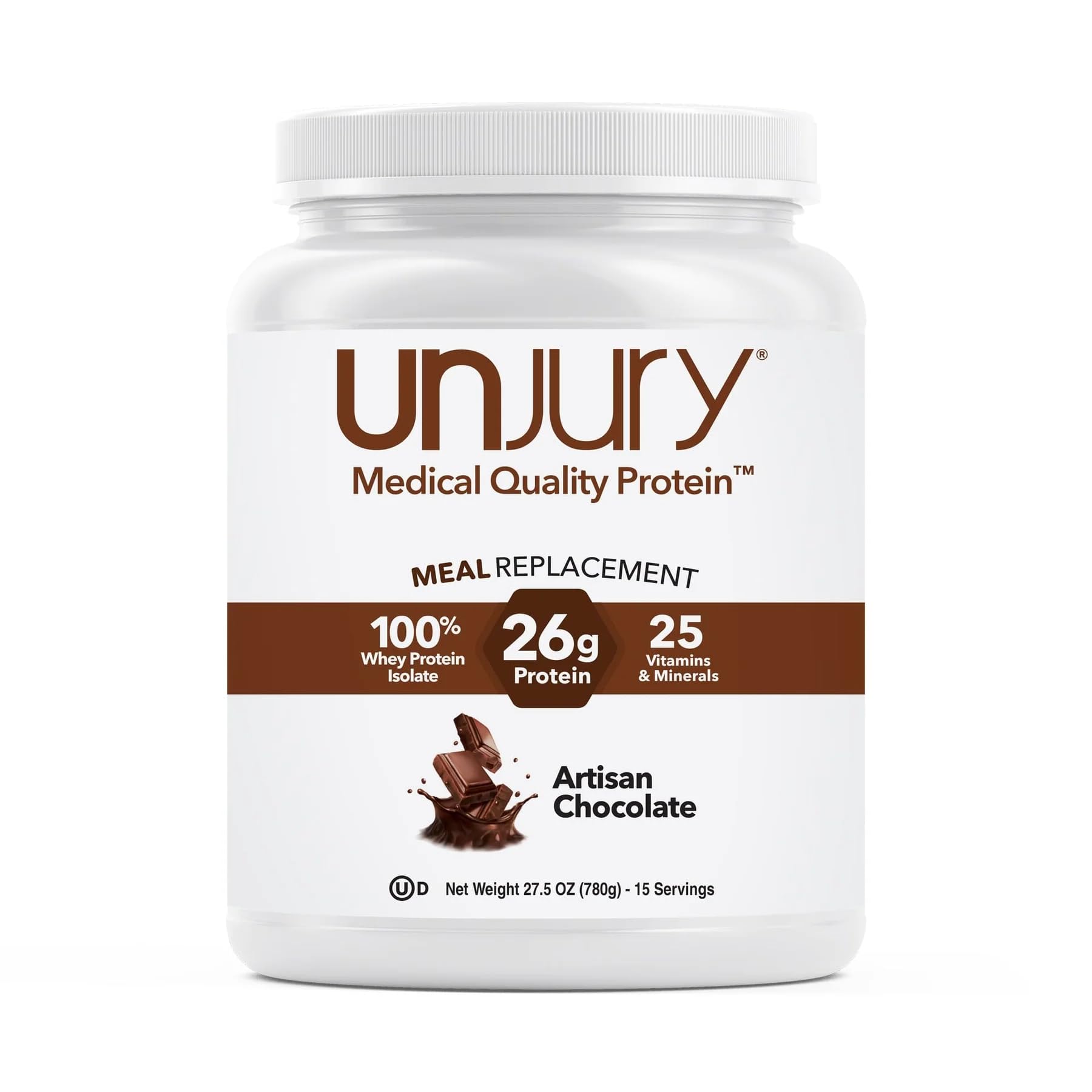 Unjury chocolate meal replacement powder container shows protein-packed nutrition.