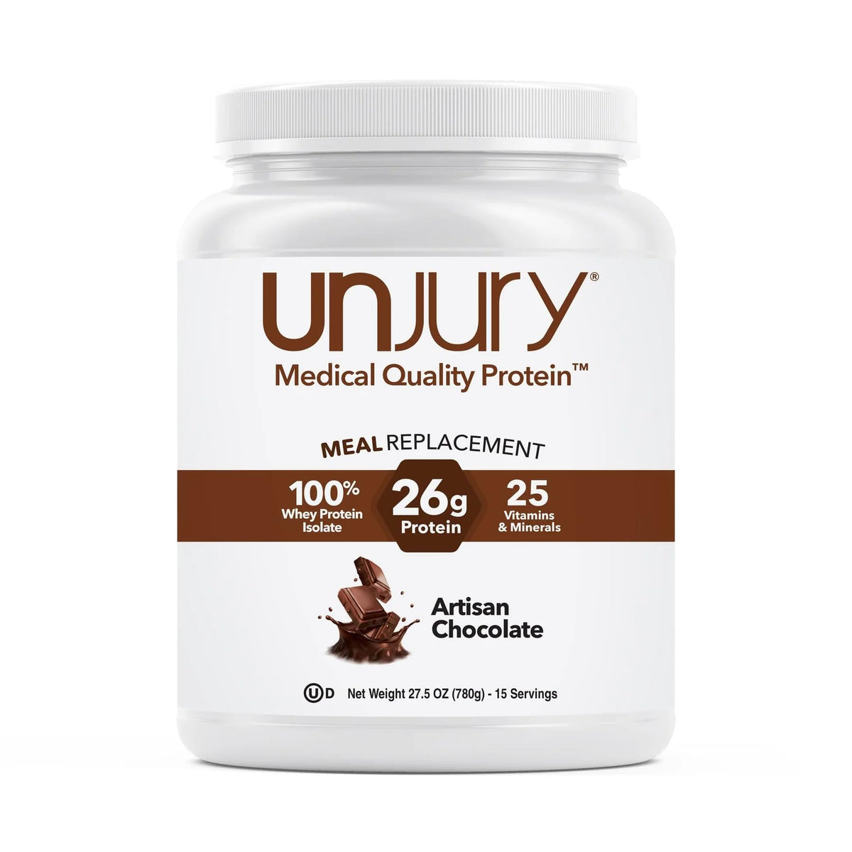Unjury chocolate meal replacement powder container shows protein-packed nutrition.