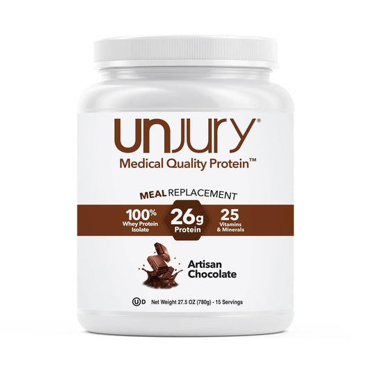 Unjury chocolate meal replacement powder container shows protein-packed nutrition.