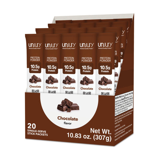 Unjury Chocolate stick-pack box for on-the-go protein.