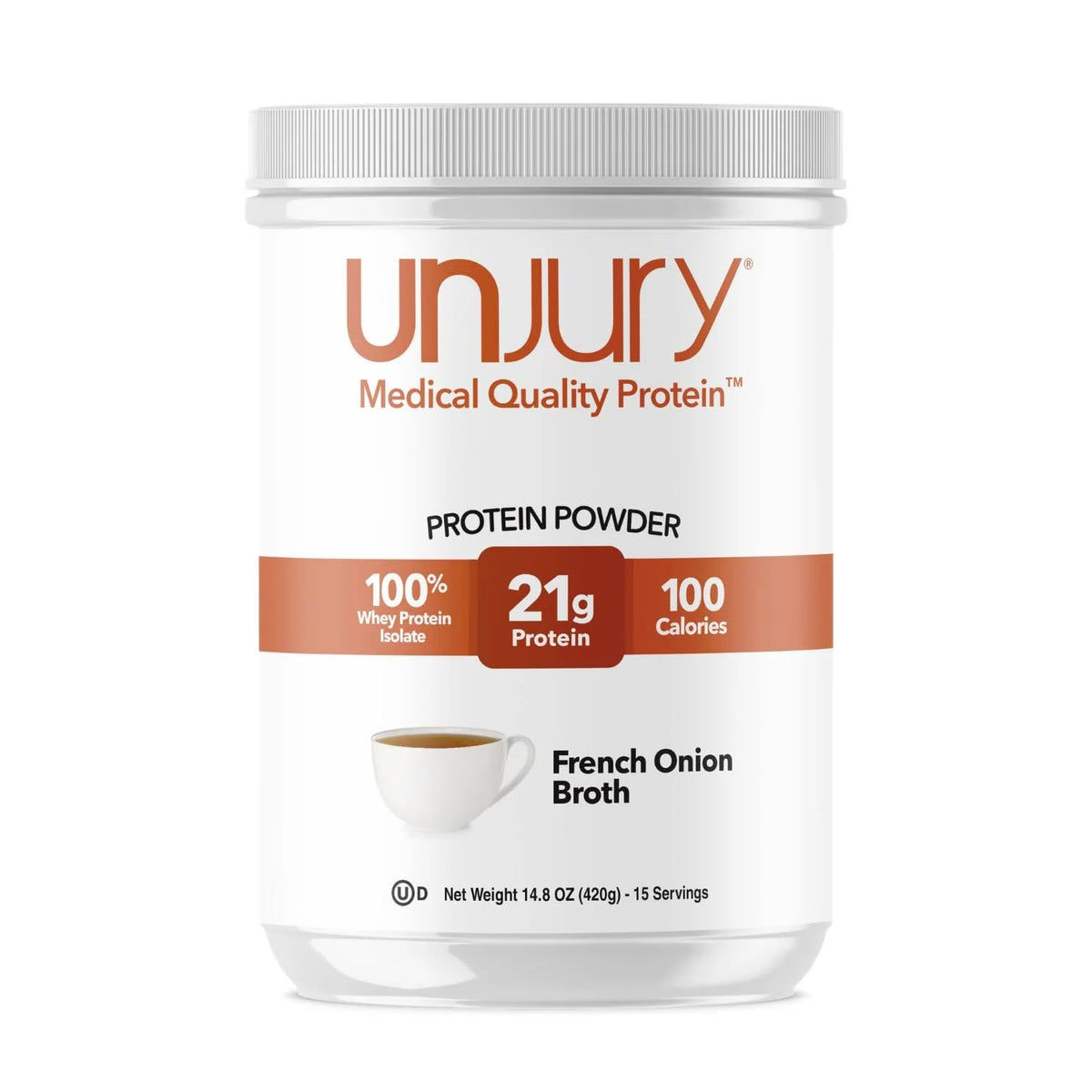 Unjury French Onion whey protein powder tub pour for a smooth high-protein shake