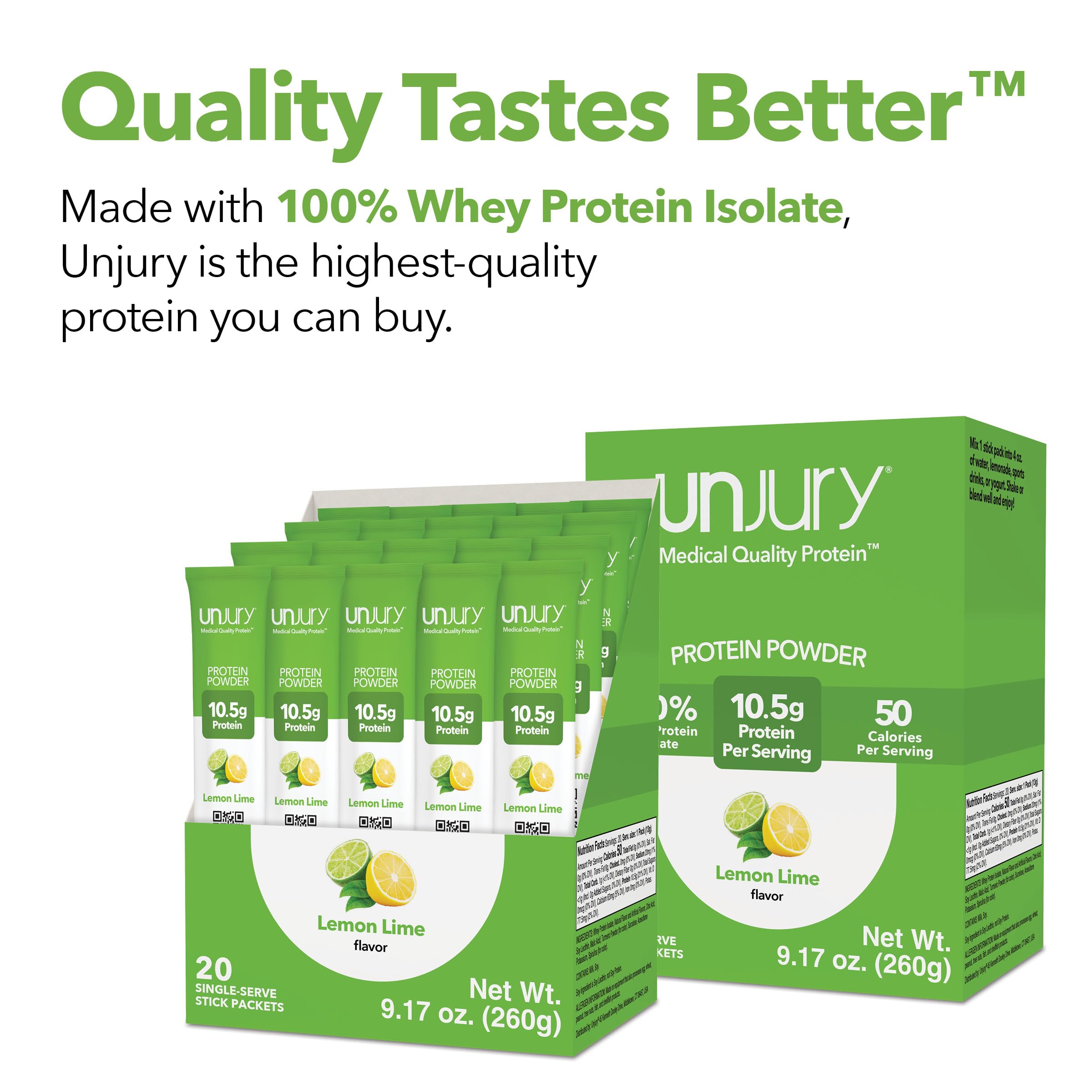 Unjury Lemon Lime nutrition panel close-up highlighting whey isolate and macros.