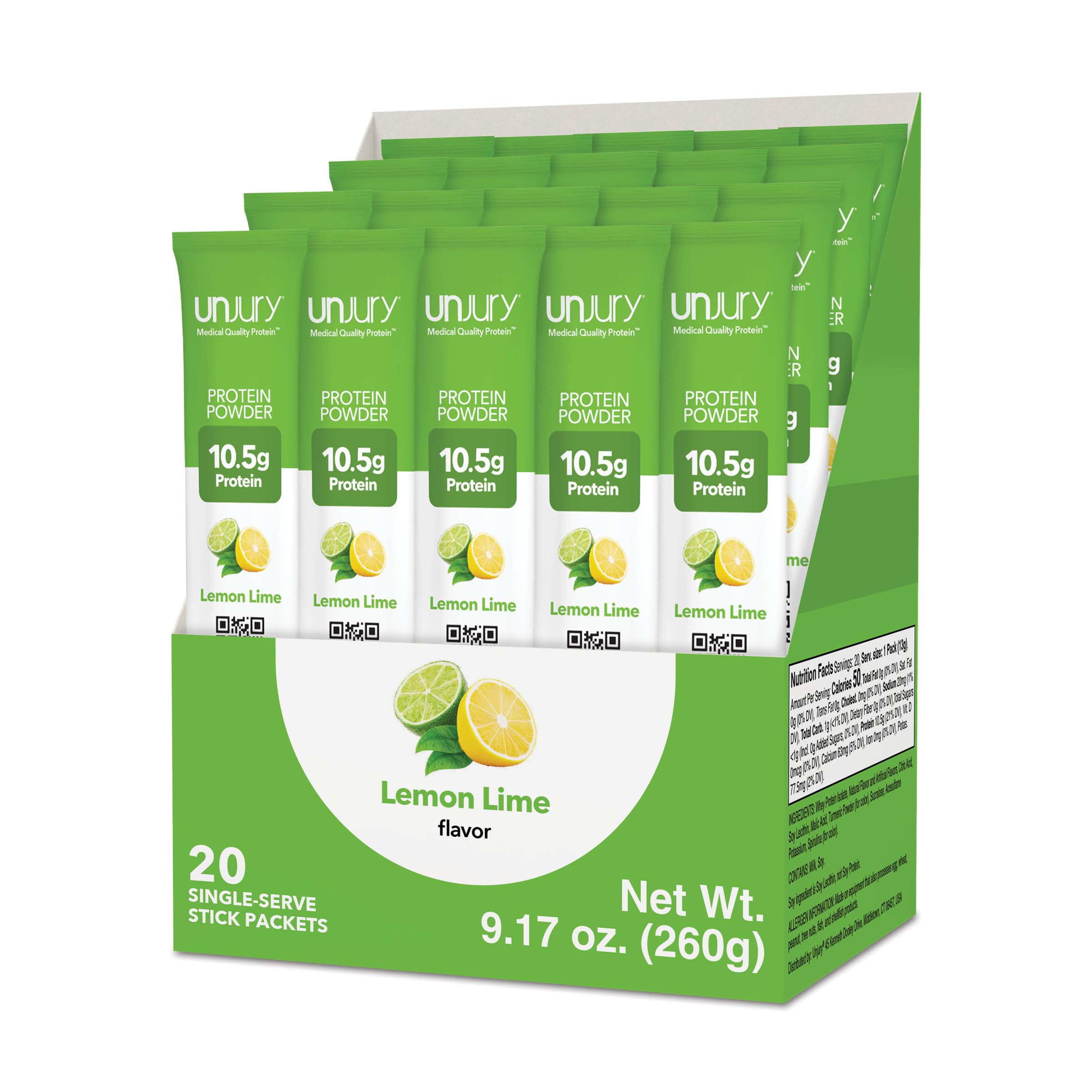 Unjury Lemon Lime stick-pack front, ready for a convenient on-the-go protein boost.