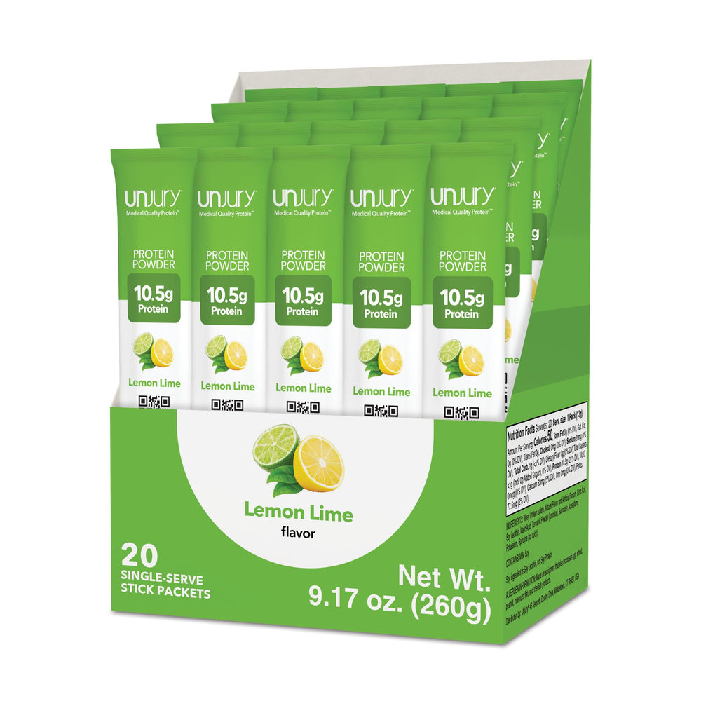 Unjury Lemon Lime stick-pack front, ready for a convenient on-the-go protein boost.