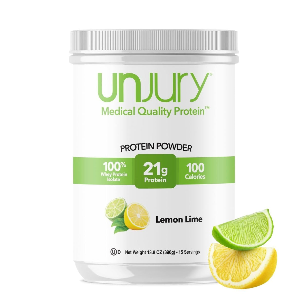 Unjury Lemon Lime whey powder tub highlighting high quality protein per serving.