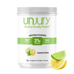 Unjury Lemon Lime whey powder tub highlighting high quality protein per serving.