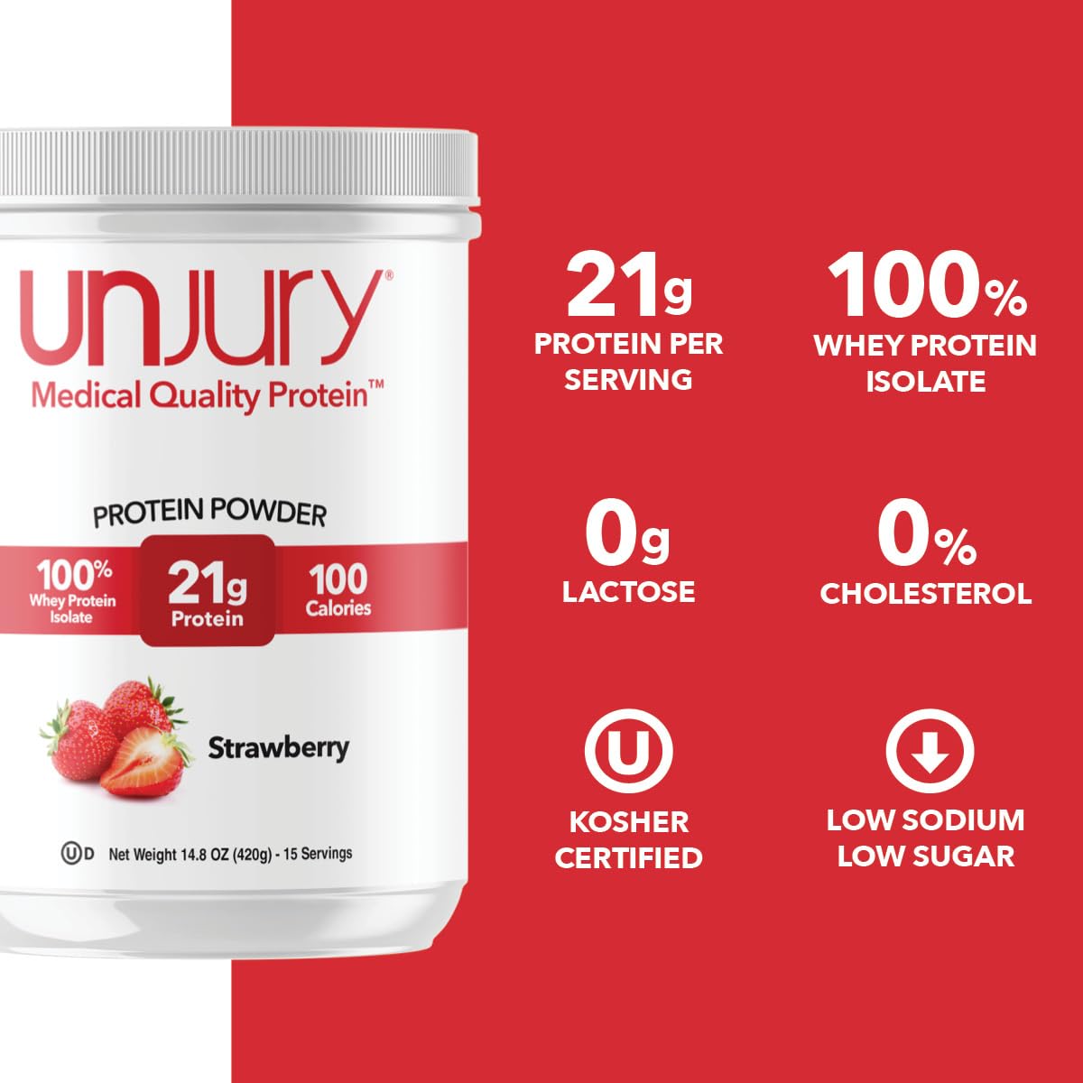 Pouring Unjury strawberry whey protein powder into a shaker