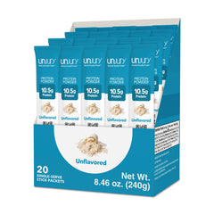 Unjury unflavored whey stick pack front view for convenient single-serve protein
