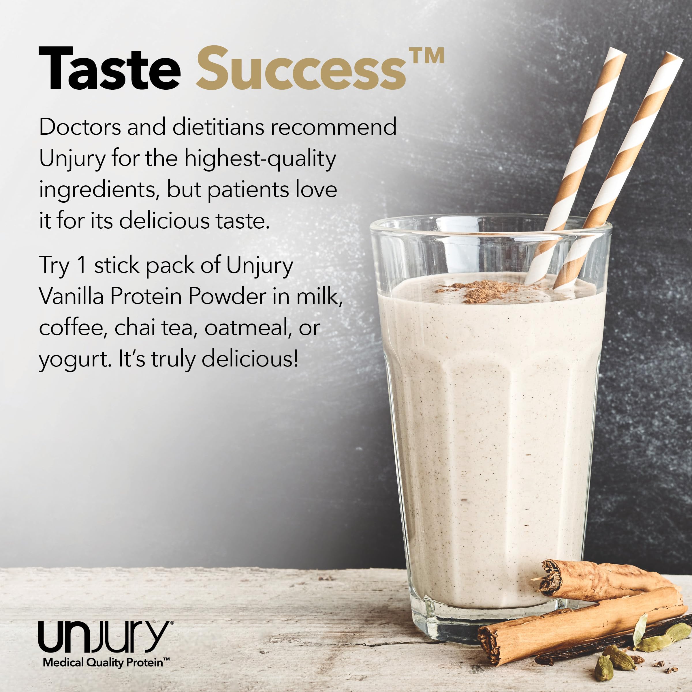Unjury Vanilla container pouring into shaker for on-the-go protein.