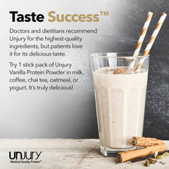 Unjury Vanilla container pouring into shaker for on-the-go protein.