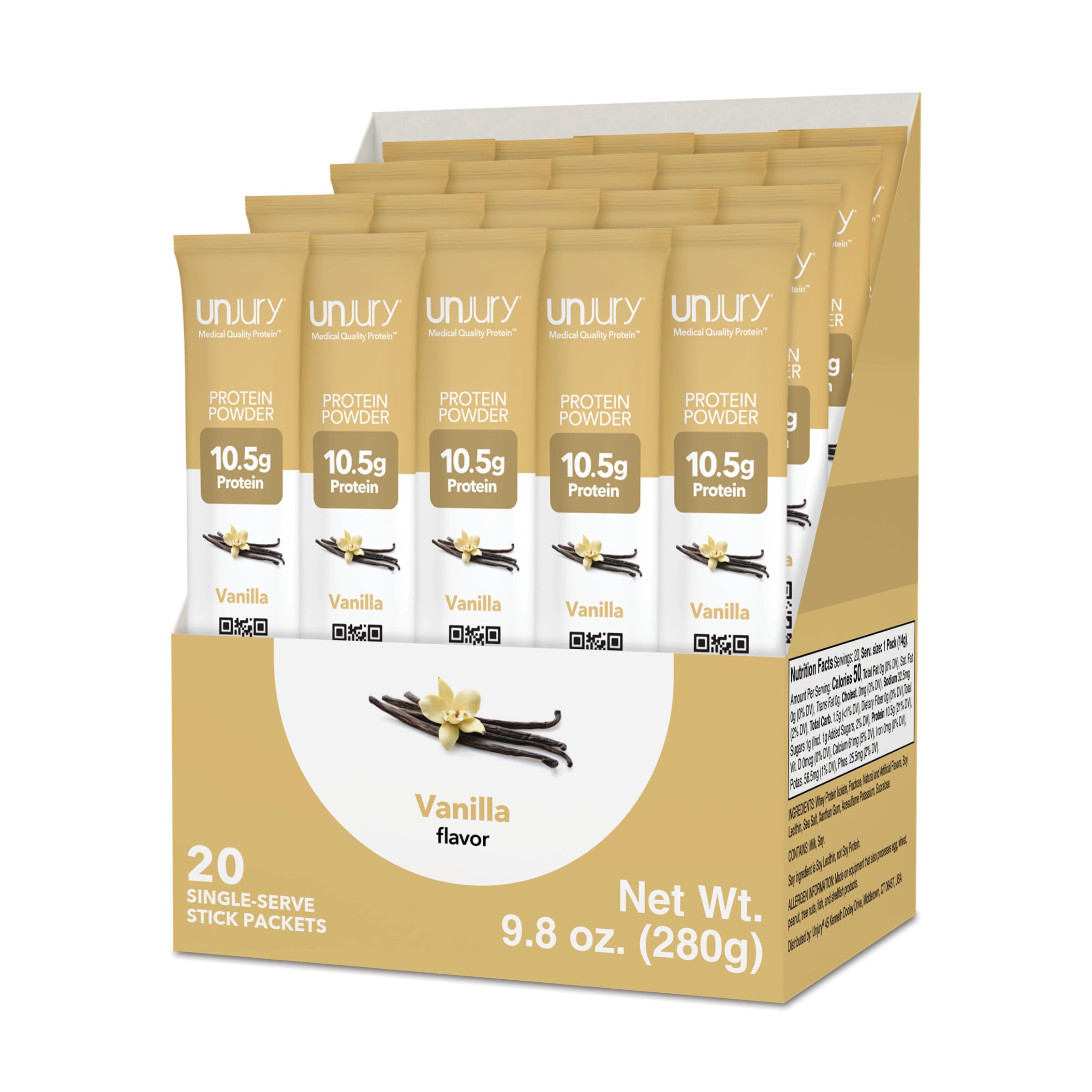 Unjury Vanilla stick-pack close-up showing convenient single-serve protein.