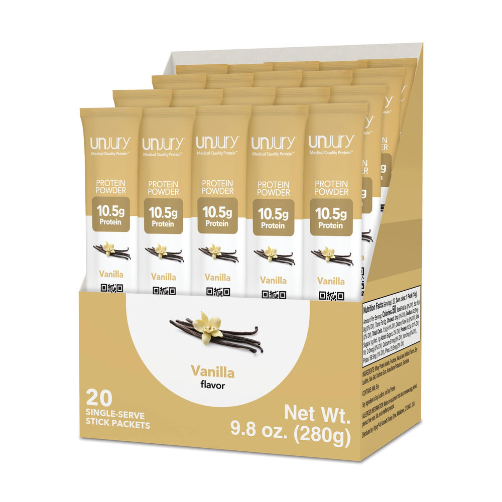 Unjury Vanilla stick-pack close-up showing convenient single-serve protein.