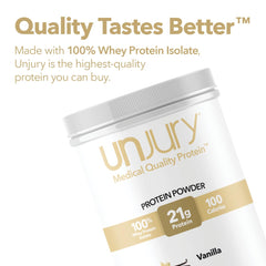 Unjury Vanilla whey isolate being poured for quick-mix.