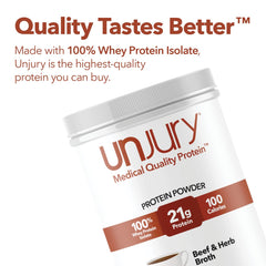 Scoop of Unjury whey protein isolate highlights high-quality protein source.