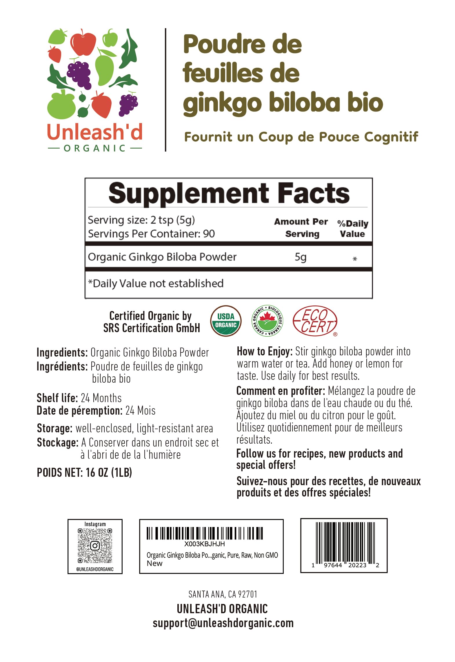UNLEASH'D ORGANIC Ginkgo Biloba Powder measuring scoop for easy portioning