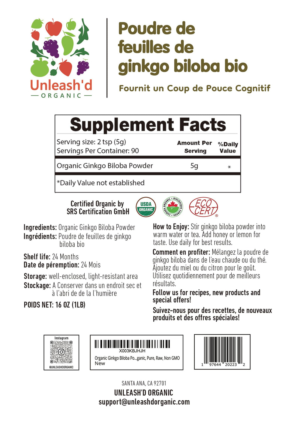 UNLEASH'D ORGANIC Ginkgo Biloba Powder measuring scoop for easy portioning