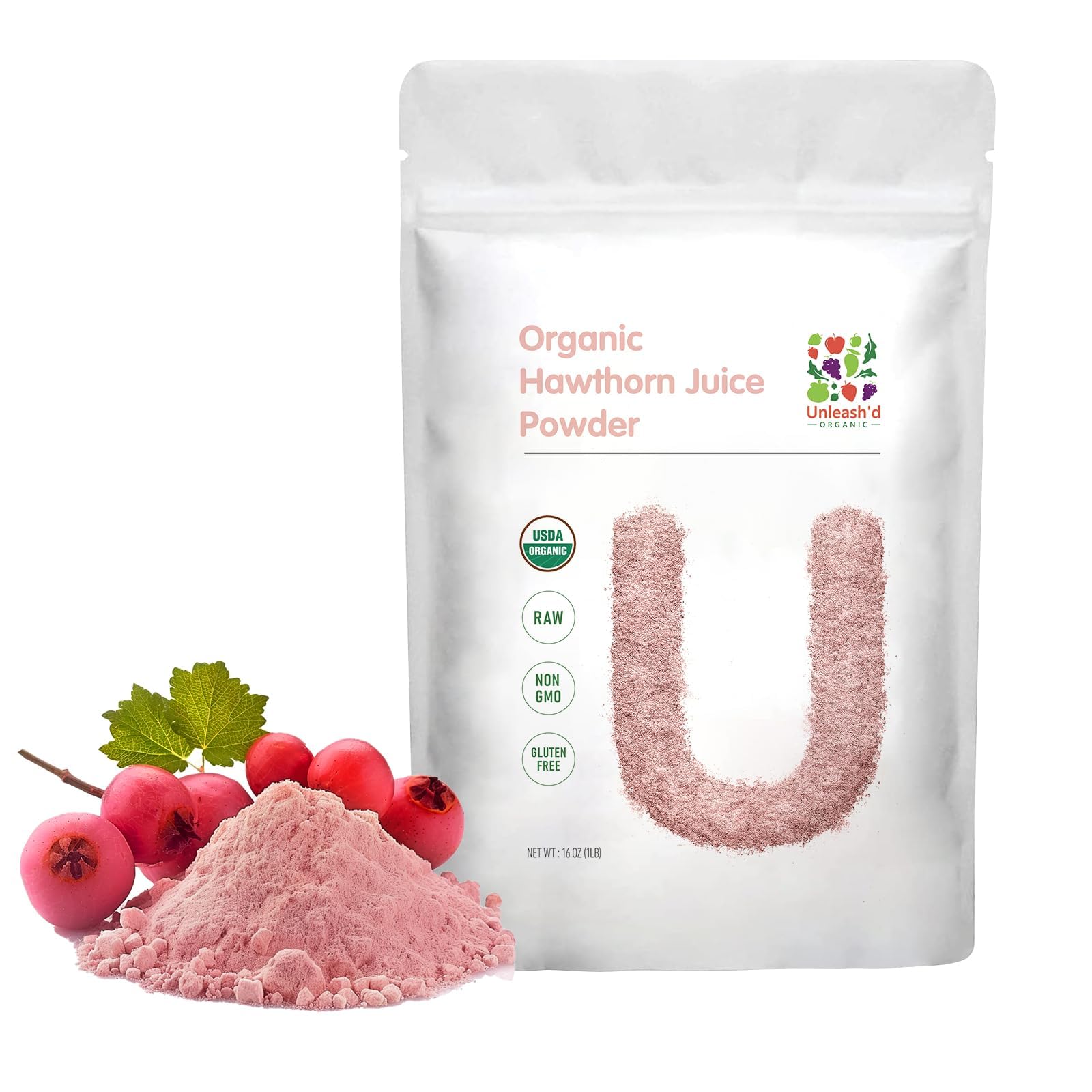 UNLEASH'D ORGANIC Hawthorn juice powder bottle front for natural wellness exploration