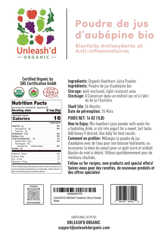UNLEASH'D ORGANIC Hawthorn powder packaging closeup shows clean ingredients