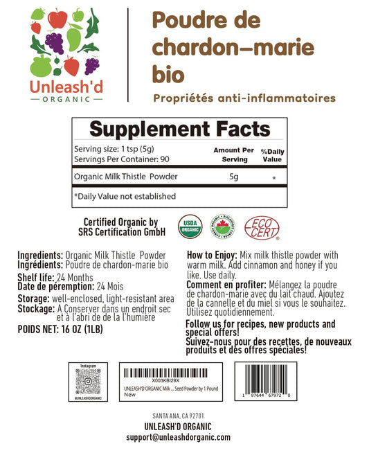 UNLEASH'D ORGANIC Milk Thistle Powder bottle pour demonstrates easy integration into smoothies.