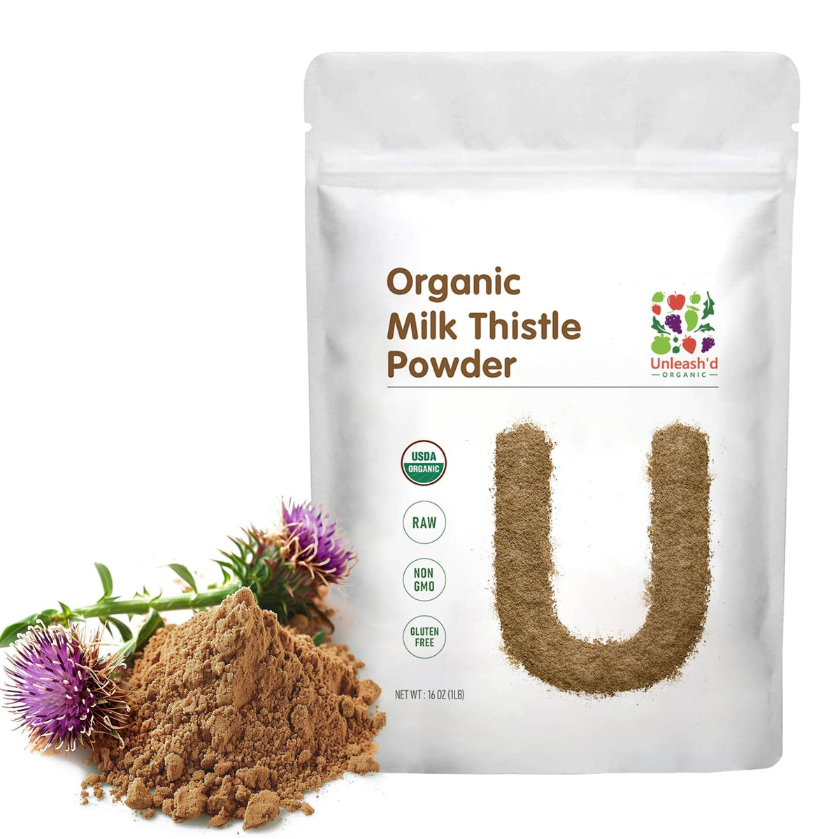 UNLEASH'D ORGANIC Milk Thistle Powder 16oz bottle supports daily liver wellness and digestion.