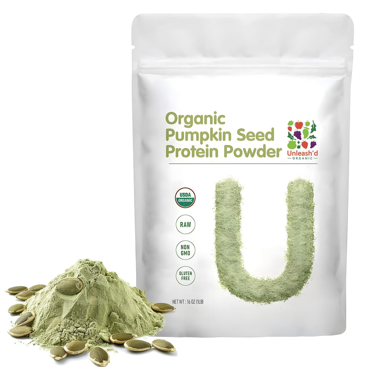 UNLEASH'D ORGANIC pumpkin seed protein powder jar highlights clean plant-based nutrition.