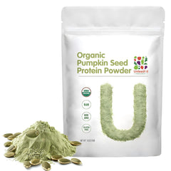UNLEASH'D ORGANIC pumpkin seed protein powder jar highlights clean plant-based nutrition.