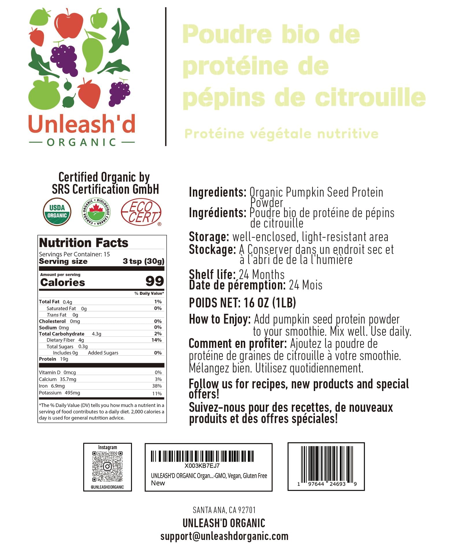 Unleash’d Organic pumpkin seed protein powder tub open with scoop for quick shakes.