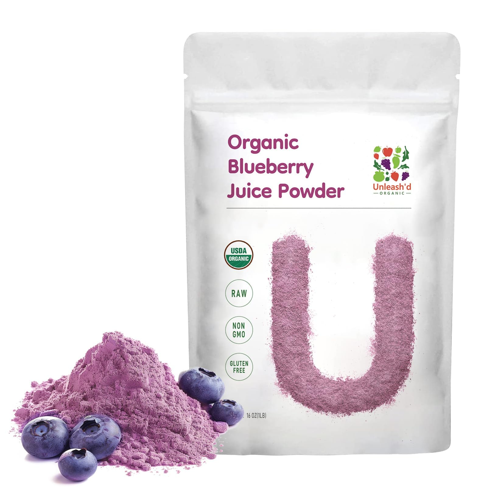 UNLEASH'D ORGANIC Blueberry Powder bottle pour highlights antioxidant-rich supplement use