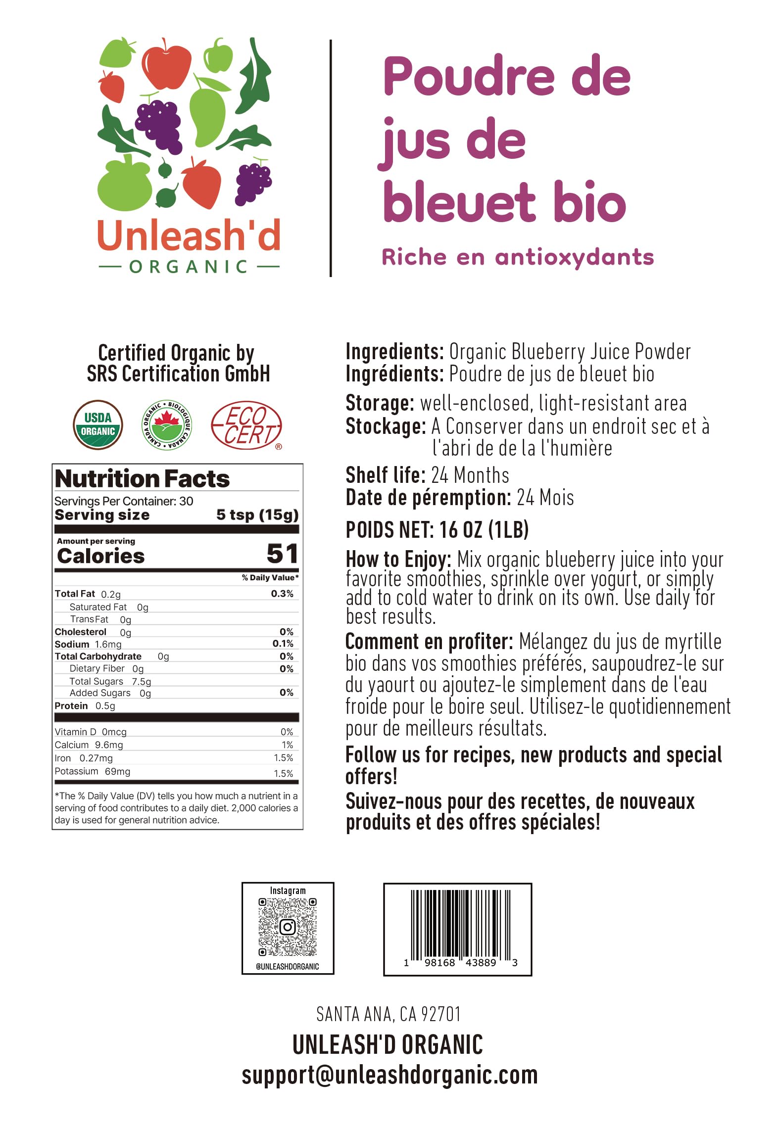 UNLEASH'D ORGANIC Blueberry Powder measuring scoop for precise daily servings