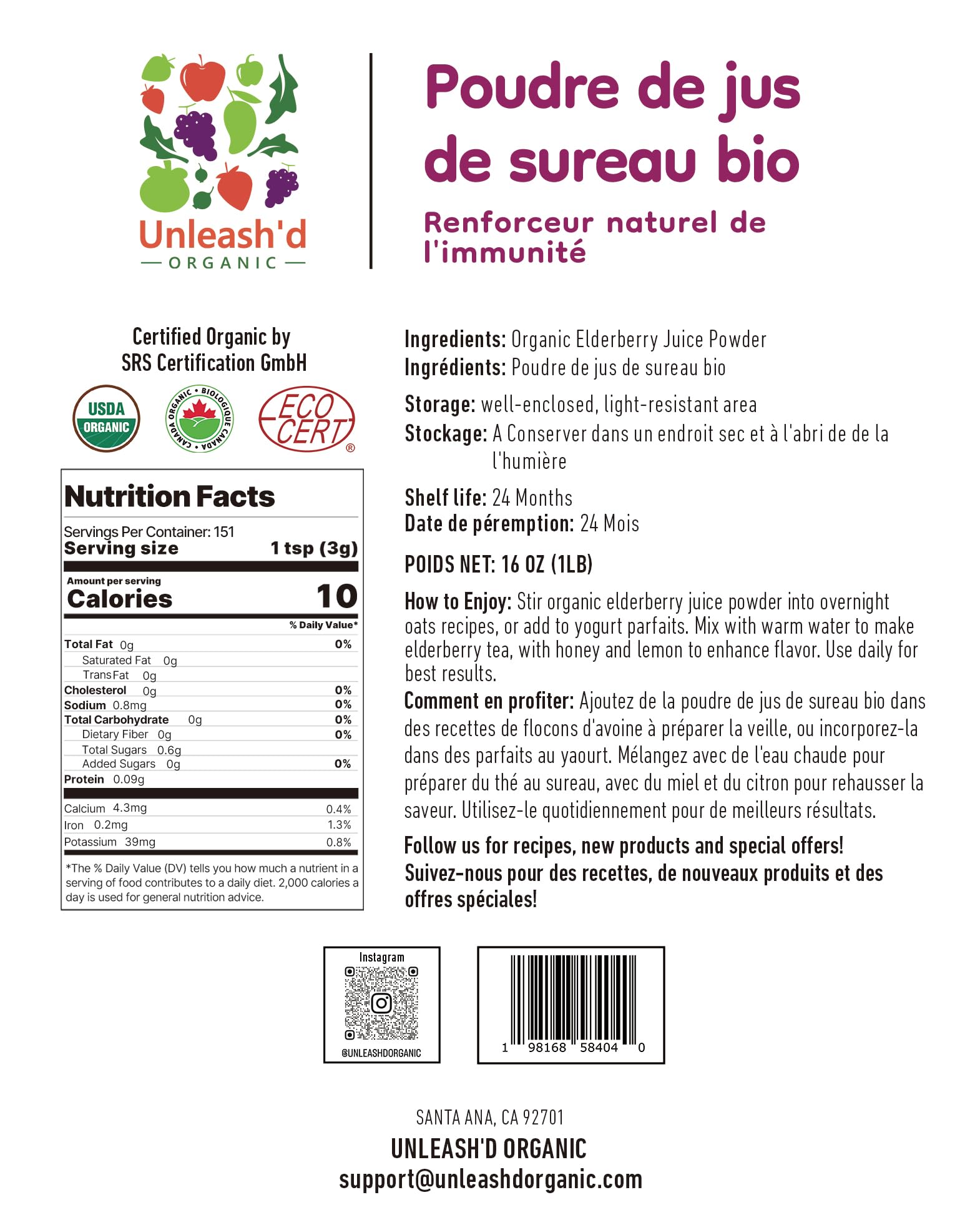 UNLEASH'D ORGANIC elderberry powder scoop easy smoothie addition