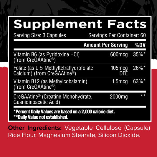 Unmatched CreGAAtine label closeup reveals creatine and GAA blend for performance