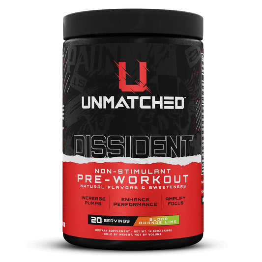 Unmatched Dissident tub label front showing non-stimulant formulation for focused workouts