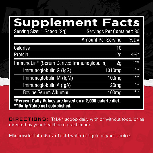 Side view of Unmatched Immuno-IGG bottle highlighting ImmunoLin and non dairy immunoglobulin.