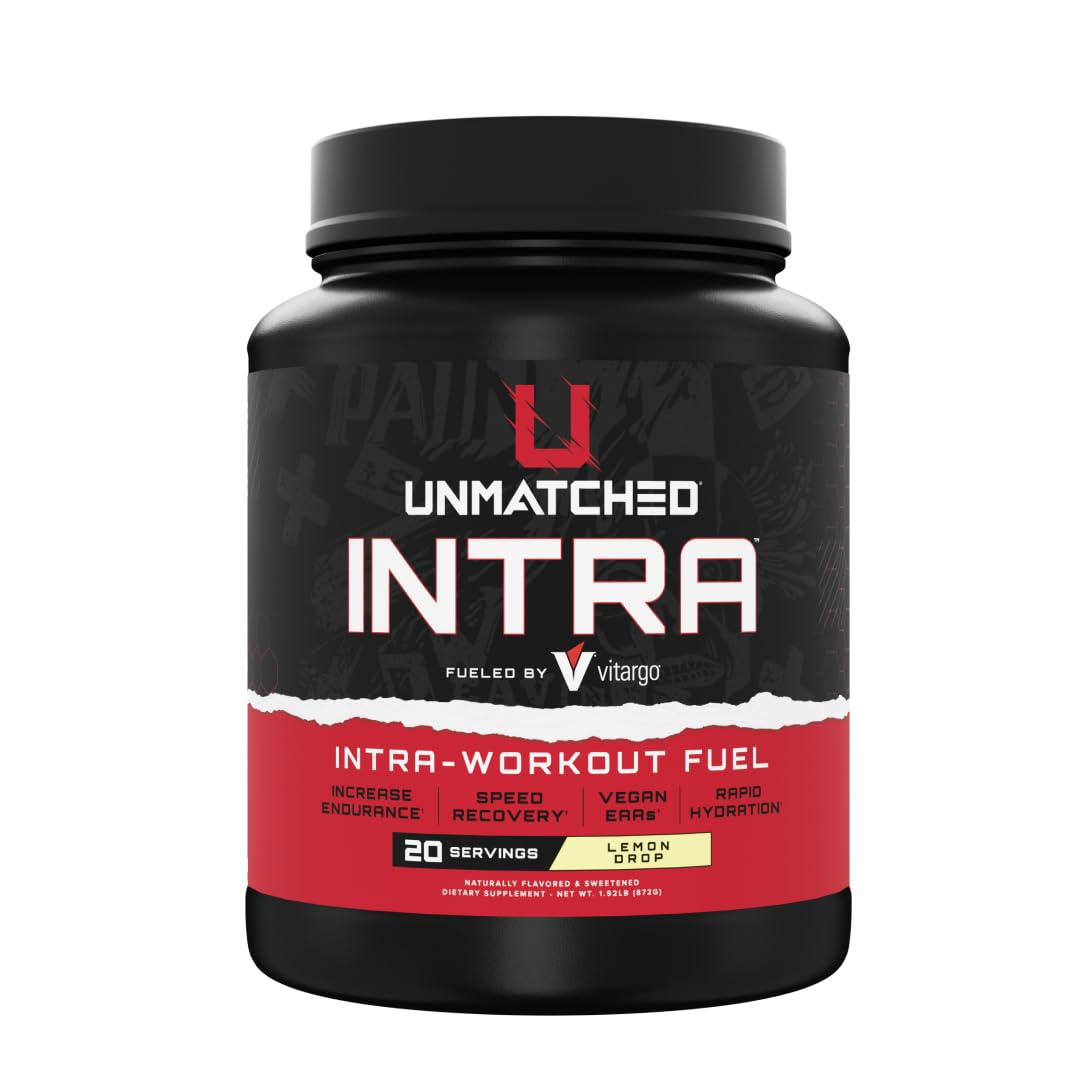 Unmatched Intra Workout Powder bottle front with Lemon Drop flavor for quick hydration.